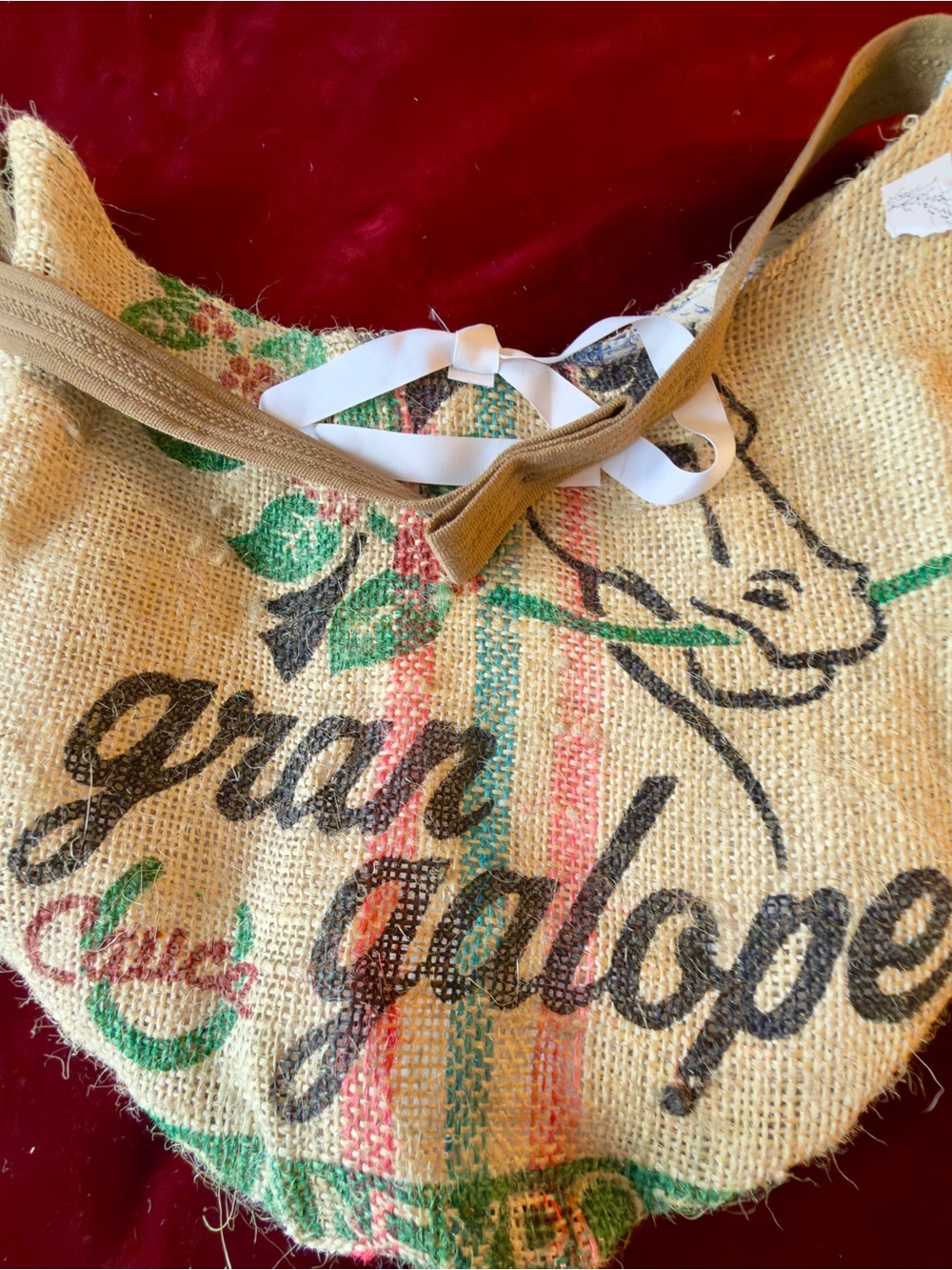 Burlap Tote Bag - Neutral with Green and Pink Accents Size XXL